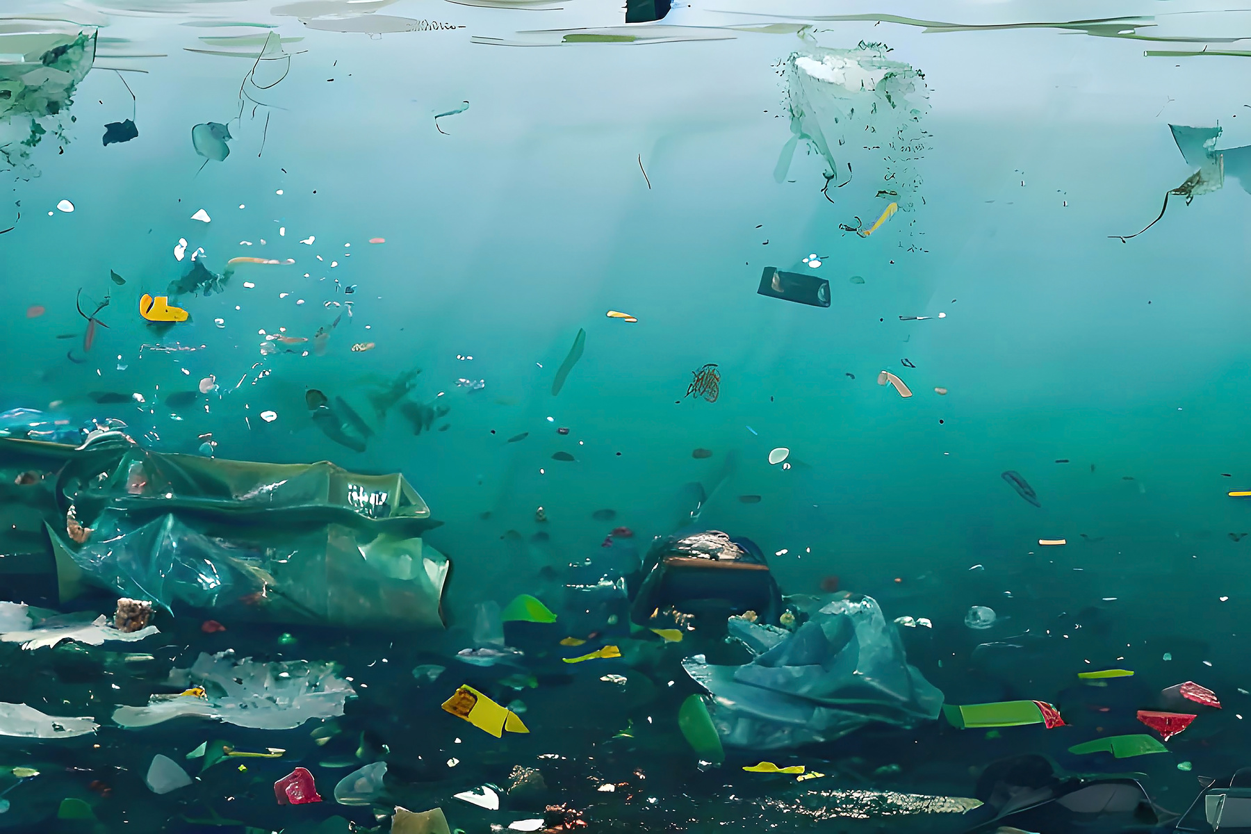 Ocean pollution, plastic bottles and trash in water